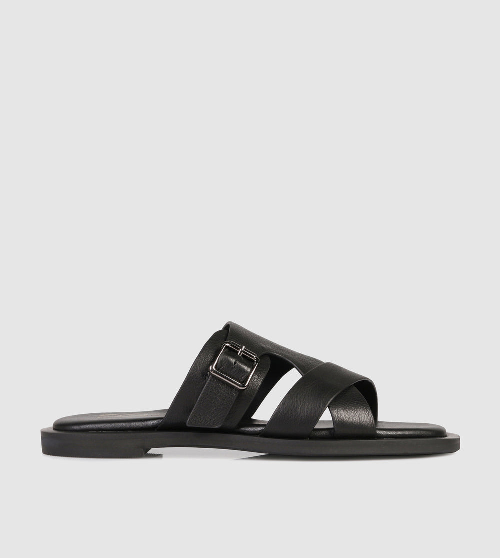 Black Leather Slides