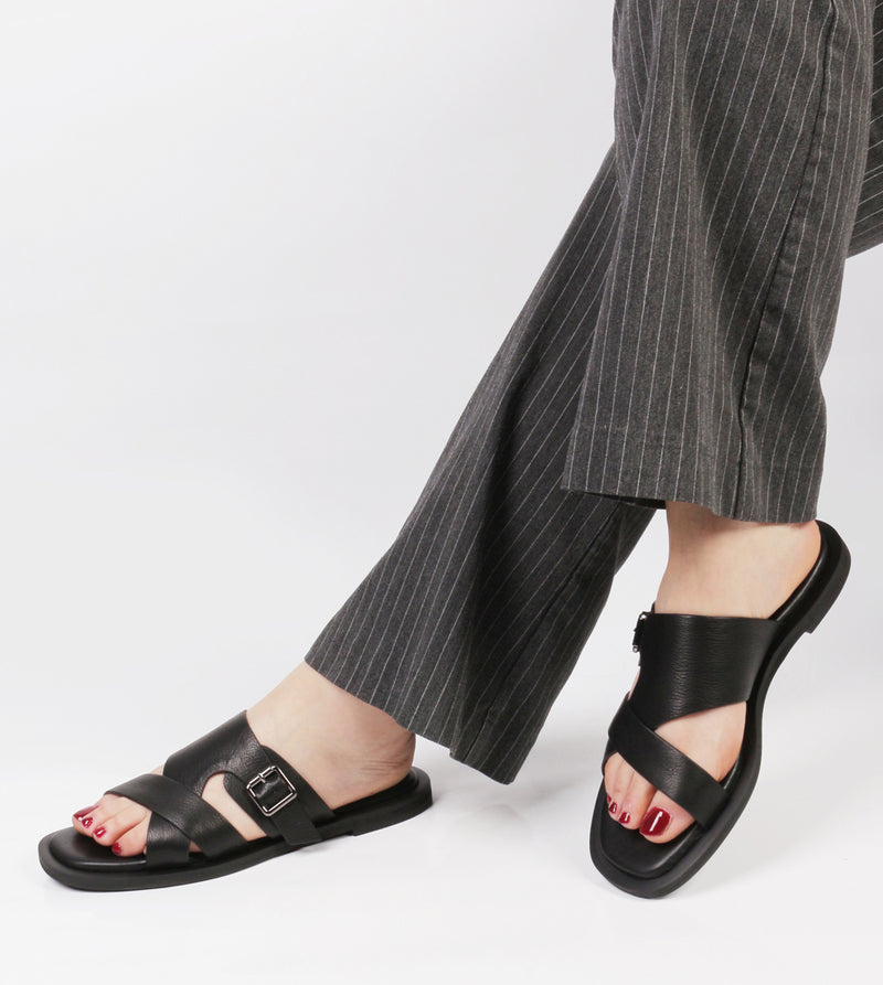 Black Leather Slides